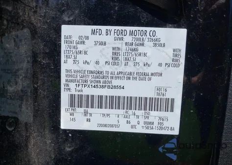 2008 Ford F-150 Fx4 z USA, uszkodzony, nr VIN 1FTPX14538FB28554